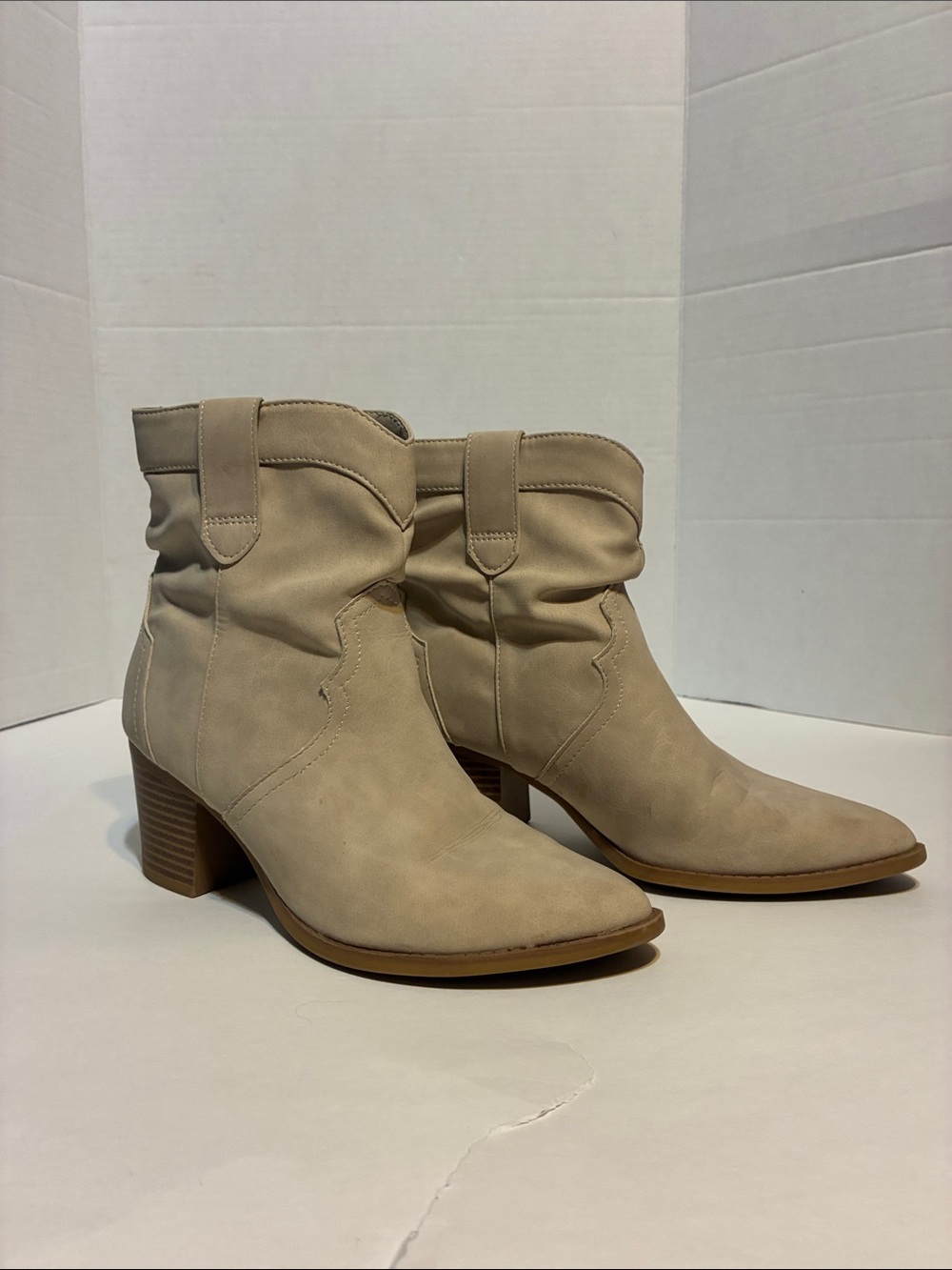 Women's cream Suede Western Ankle Boots. Slip on. Really cute.